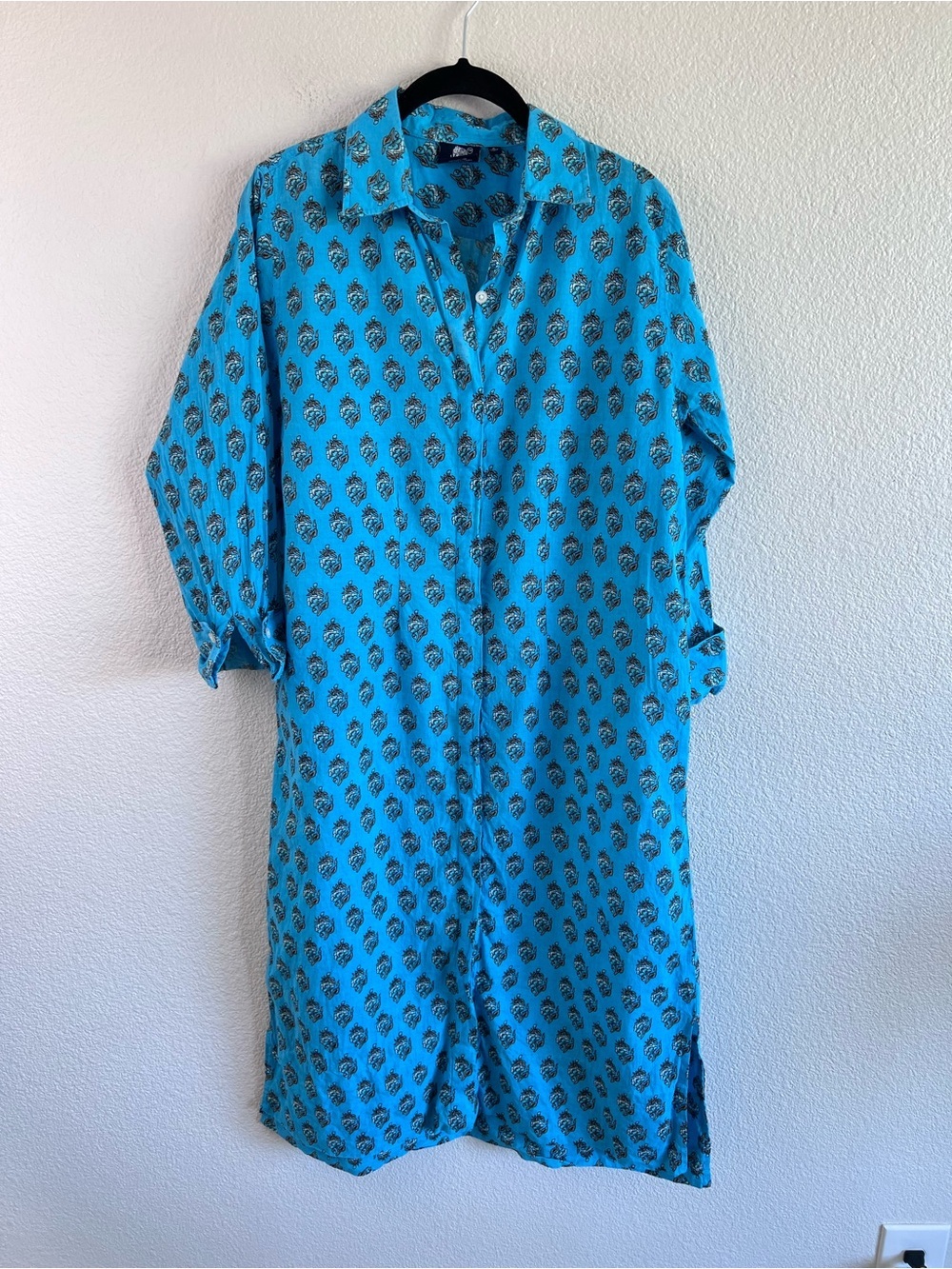 Madison Mathews Turquoise Print Cotton Shirtdress Midi Small Coastal
